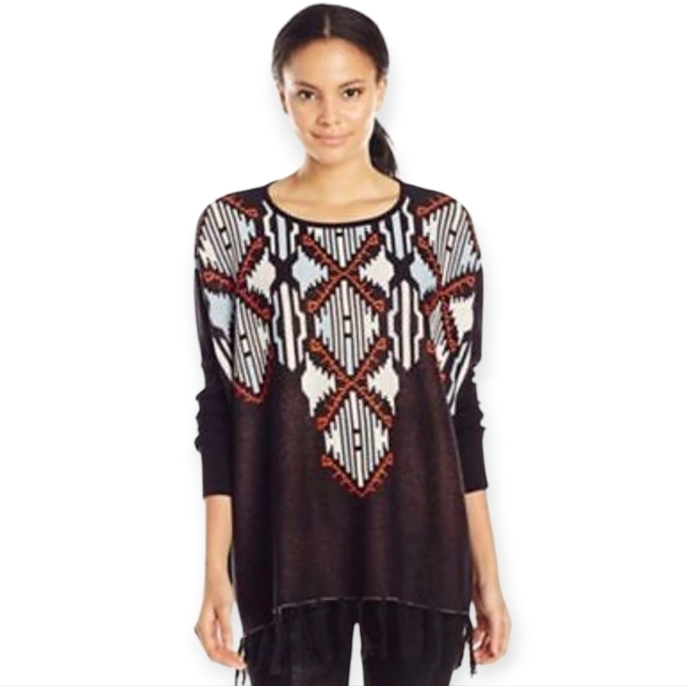Kensie Women's Fringe Printed Sweater Poncho Black Combo M/L Oversized NWT.